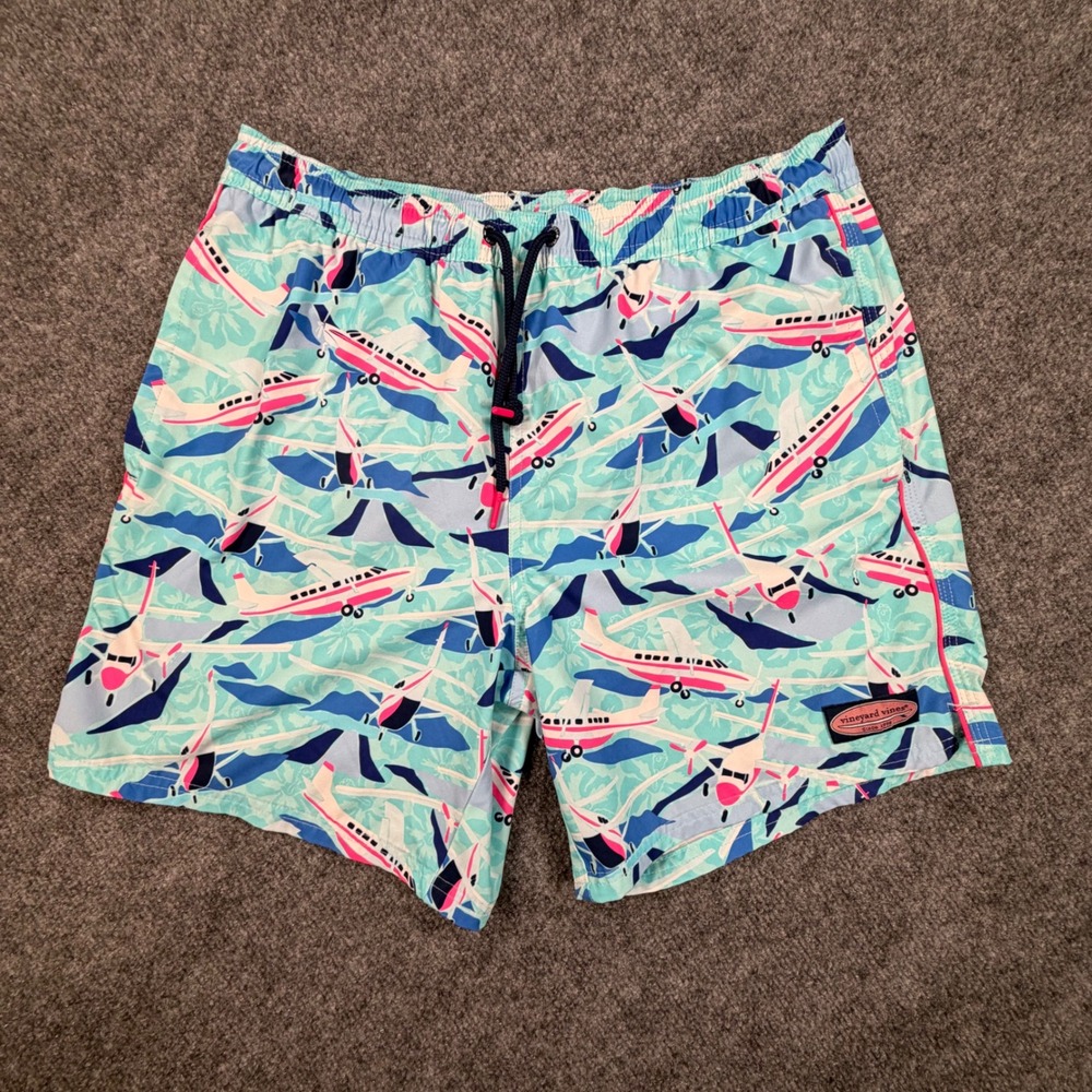 Vineyard Vines Mens Small Chappy Swim Trunks Airplane Print Blue 6" Inseam 0820